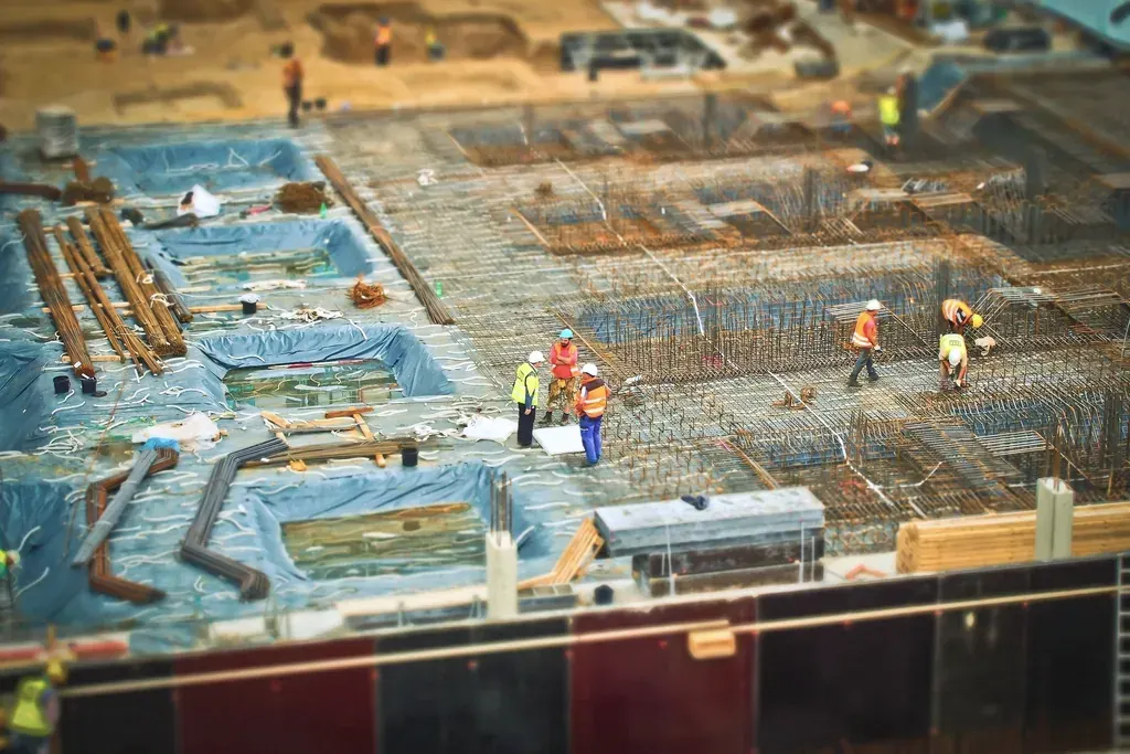 Reinforcement steel laid out across a foundation slab